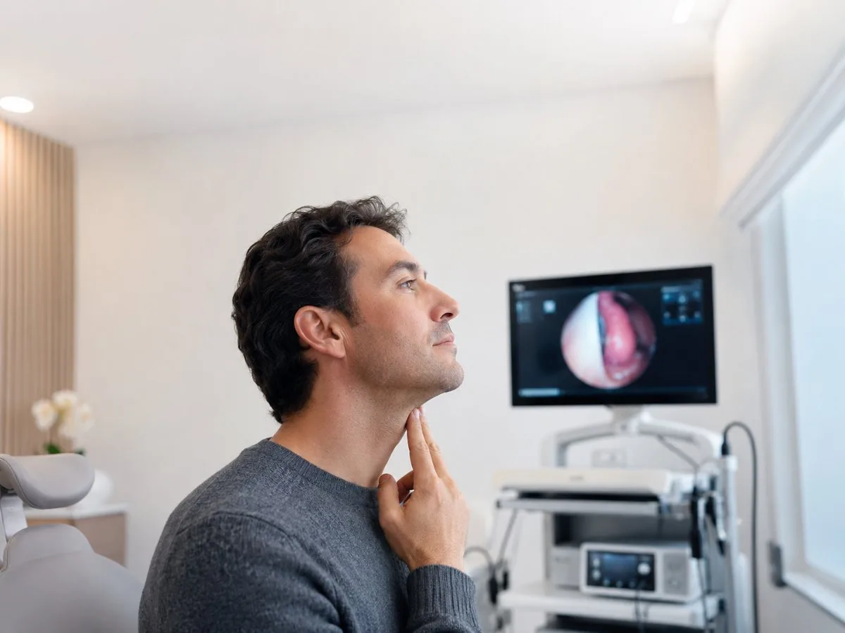 Paciente adulto durante una valoración de endoscopia nasal en consulta