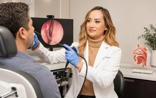 Dra. Estefana Rangel realizando endoscopia nasal a un paciente