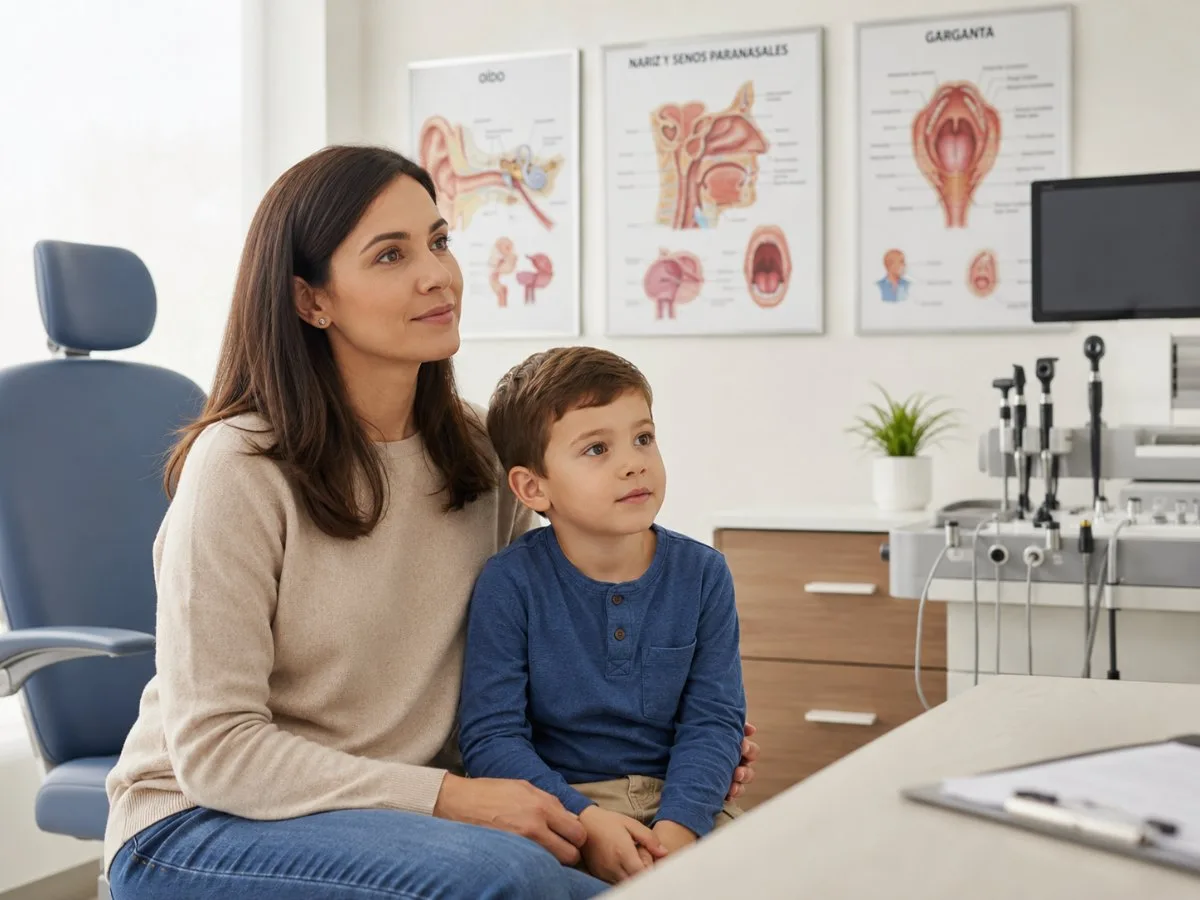 Mamá e hijo en una consulta de otorrinolaringología pediátrica en Morelia